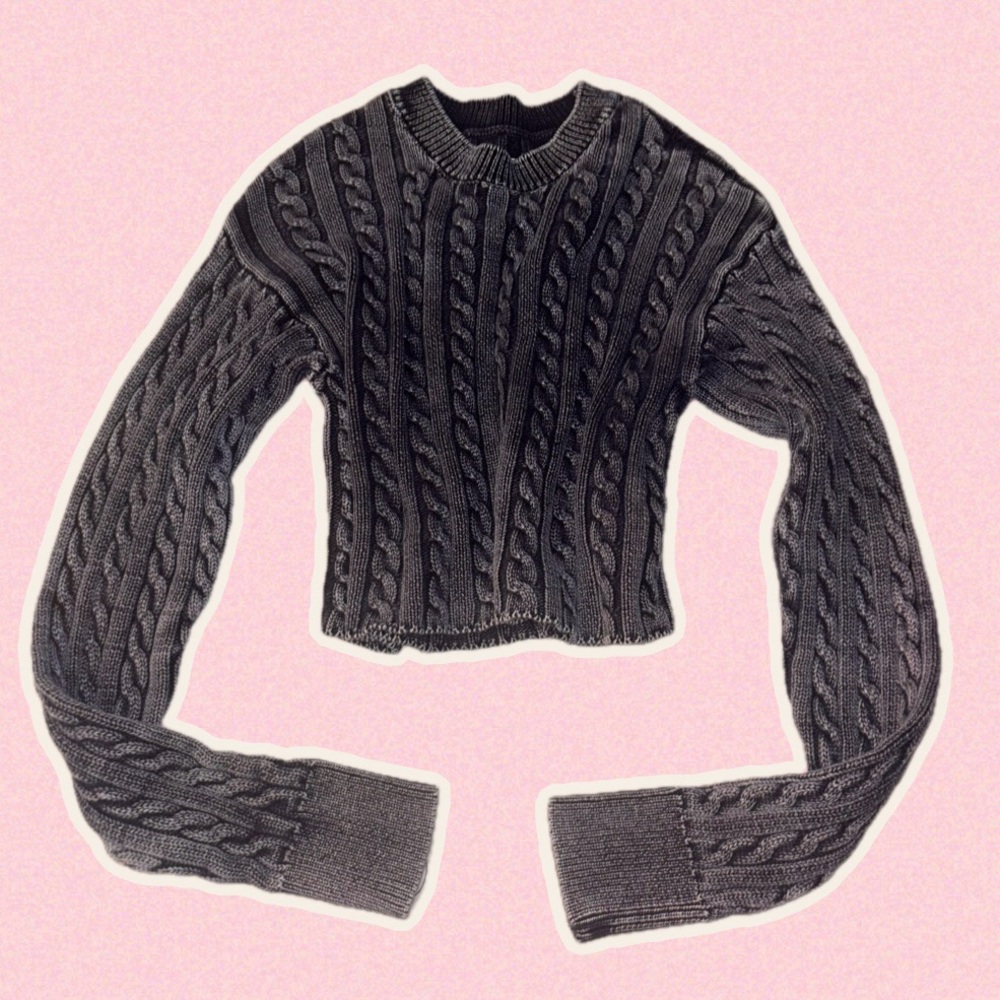 aerie Black Cable-Knit Crewneck Crop Sweater